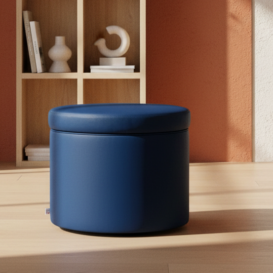 Pouf Contenitore Rotondo in Ecopelle blu notte