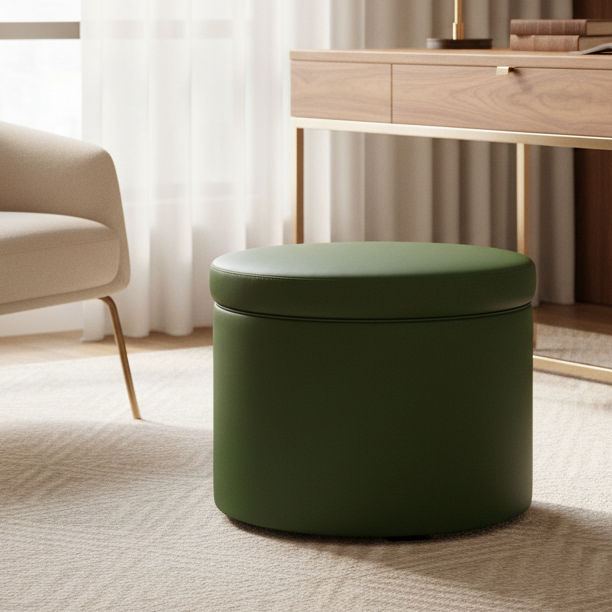 Pouf Contenitore Rotondo in Ecopelle verde bottiglia