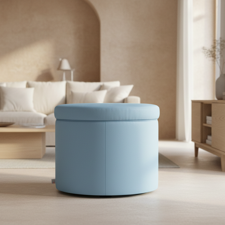 Pouf Contenitore Rotondo in Ecopelle celeste
