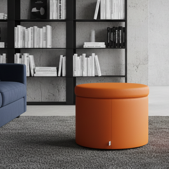 Pouf Contenitore Rotondo in Ecopelle arancione