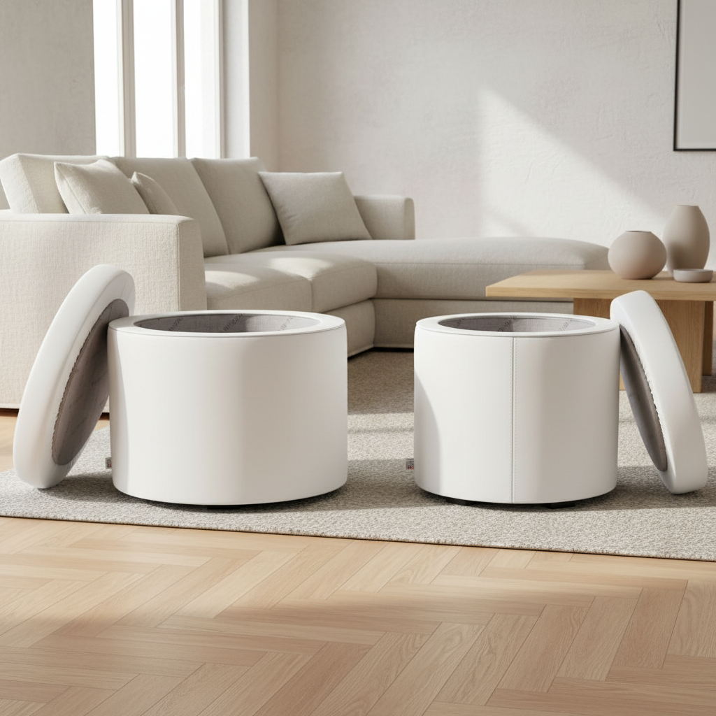 Pouf Contenitore Rotondo in Ecopelle bianco