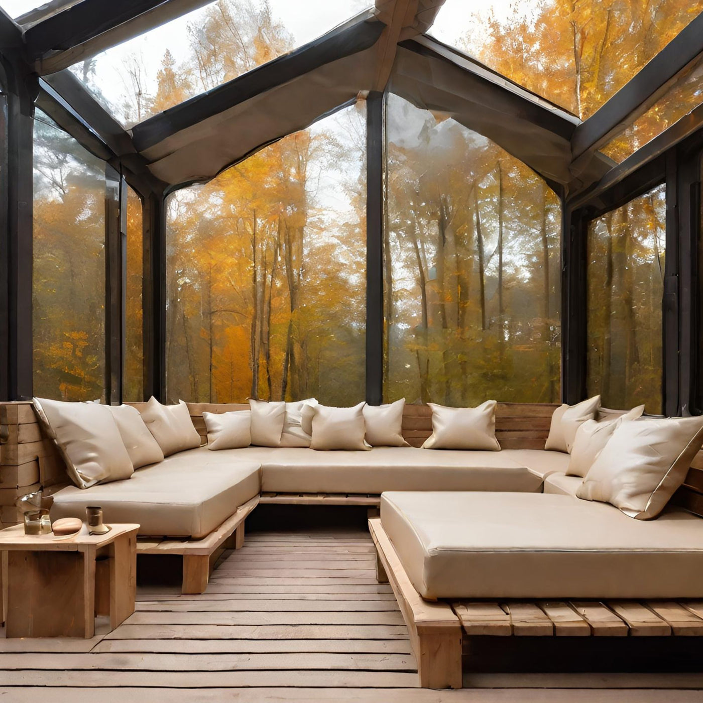 patio coperto con vetrate, ambiente riparato e riscaldato in autunno sul bosco con pavimento in legno e un set di epal con cuscini solidi in ecopelle beige
